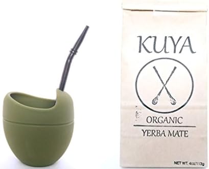 Kuya Organic Yerba Mate Beginner Starter Pack Kit - Silicone Mate Gourd With Yerba Mate (Green Gourd/Black Straw)