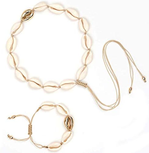 XY Fancy Natural Shell Necklace Bracelet Set Adjustable Handmade Woven Cowrie Jewelry Boho Hawaii Beach Seashell Choker for Women Girls