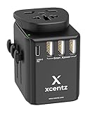 Xcentz Universal Power Adapter with 18W PD&QC 3.0 USB-C Port and 3-USB Port, 16A European Plug, 10A Wall Charger AC Plug Adapter, 3680W Worldwide Travel Adapter EU UK AU US Cell Phone Tablet Laptop