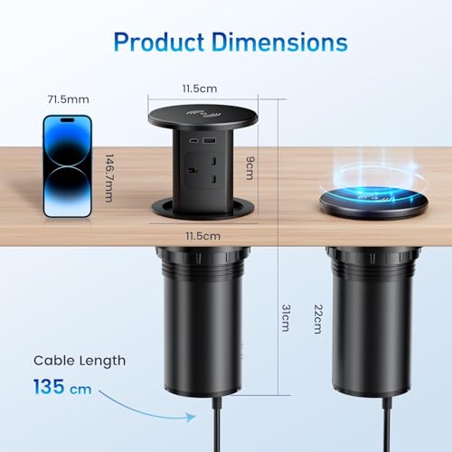 LBOYLOVE® 7-in-1 Pop up Socket – Automatic Power Outlet with 15W Wireless Charger, 4 AC Outlets, 1 USB-A & 1 USB-C for Kitchen Worktops & Desk Countertops