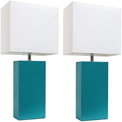 Elegant Designs Lc2000Tel2Pk 2 Pack Modern Leather Table Lamps With White Fabric Shades 39" Teal