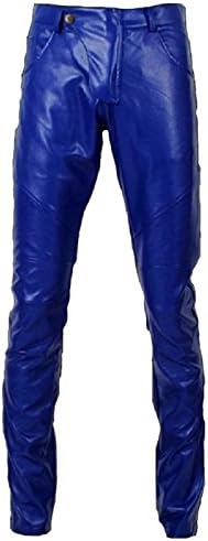 Men's Slim Fit Casual Trousers Genuine Leather Skinny Pants Emcostyles (40 Natural Waist, Blue)