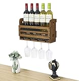 SODUKU Wall Mounted Wooden Wine Rack 5 Wine Bottles and 4 Stem Glasses Holder Wine Cork Storage Rack Walnut Brown