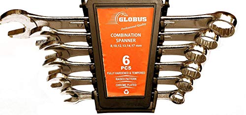 GLOBUS Combination Spanner Set (Tools Set of 6 / 8mm-17mm) Chrome Mirror Finish (Raised Panel) in Plastic rake kit with Lock