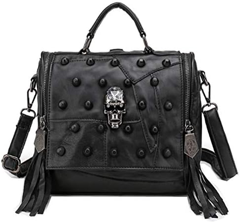Puyang Women Sheepskin Skull Artificial Crystal Rivet Goth Punk Handbag A1