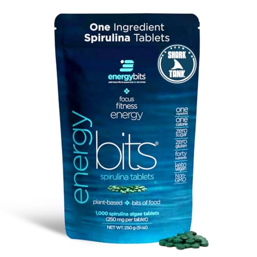 ENERGYBITS Organic Spirulina Tablets (1000 Algae Tablets) Natural Superfood for Energy, Fitness & Focus - 5g Protein, 1 Calorie, Sugar Free - Omega 3 - Spirulina Capsules - Gluten Free, Keto & Vegan