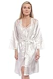 BellisMira Women's Long Satin Robe Bridal Kimono Lace Trim Nightgown Soft Pajamas Dressing Gown Sleepwear Ivory White,M