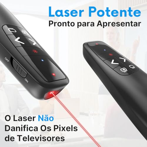 Passador de Slides Sem Fio Laser Vermelho Receptor USB A e USB C Embutido Apresentador de Slides 30m Mac Windows iPad Canva PowerPoint PDF Pilhas Inclusas