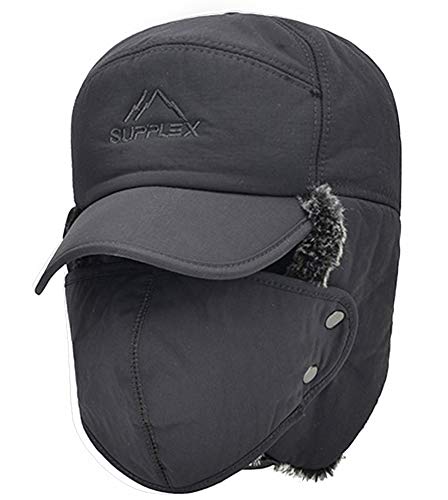 IPENNY Unisex Winter Warm Trapper Hat 3 in 1 Faux Fur Bomber Hat Earflap with Mask Full Face Protective Cover Windproof Trooper Hat Baseball Cap Snow Ski Cap for Cycling Camping Hiking Grey