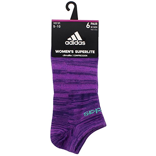 adidas Women's Superlite No Show Socks (6-Pack), Shock Purple/Space Dye/White/Shock Purple, Women's Sock size (5-10)