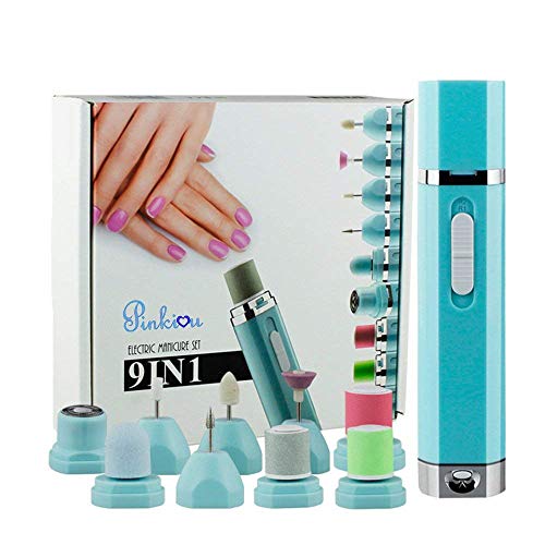 Pinkiou 9 in 1 Rechargeable Electric Nail Drill Buffer Polisher Manicure Set Callus Remover Foot File Pedicure Tools Kit Battery Operated Hair Removal for Lady Face Bikini Feet Hands