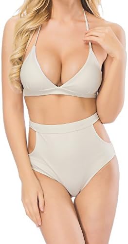Sufiya Bikini Sets High Waist Swimsuit for Women Bandage Halter Swimwear Two Pieces, Beige, XL