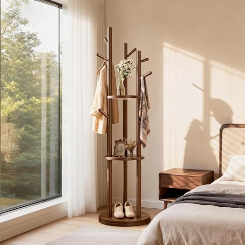 Solid Wood Rotary Coat Rack Freestanding with 3 Storage Shelves & 9 Hooks, Coat Tree for Entryway, Livingroom, Bedroom, Coat Hanger Stand for Coats, Scarves, Handbags, Hat