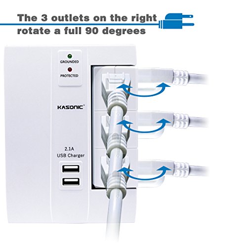 Wall Tap Surge Protector, Kasonic Top Power Strip 6 Power Outlets Plus 2 USB Ports Portable Wall-Mount Socket, Best Power Surge Protection Smart Charging for Home and Office (2 PACK)