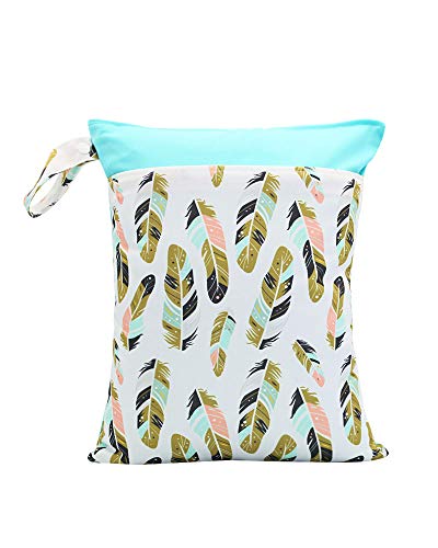 2pcs Cloth Diaper Wet Dry Bags Waterproof Reusable with Two Zippered Pockets Travel Beach Pool Daycare Soiled Baby Items Yoga Gym Bag for Swimsuits or Wet Clothes (Feather & Cacuts)