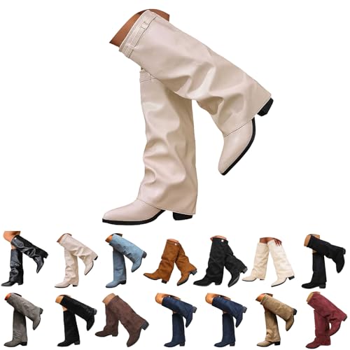 Hiking Boots,Ladies Knee High Wide Calf Pu Leather Cowboy Boot Half-Height Wellies Walking Pointed Toe Slip On Slouch Shoes Riding Boots