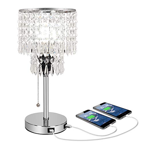 Silver Crystal Bedside Table Desk Lamp with Dual USB Charging Port