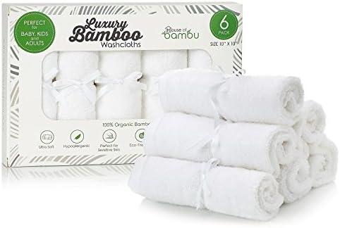 House of Bambu Bamboo Washcloths Baby Ultra Soft 6-Pack Set | 100% Organic Bamboo Baby Washcloth Set | Reusable Washcloth Bamboo Baby Wipes | Pure White Sensitive Skin | Baby Registry Bathing Gift Set