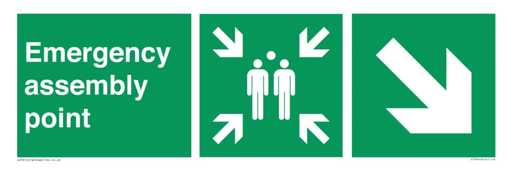 Emergency assembly point directional Down right arrow Sign - 600x200mm - L62