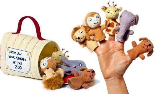 Dear Zoo - 5 x Finger Puppets: Dog, Elephant, Giraffe, Monkey and Lion Soft Crate Storage Bag - Rod Campbell