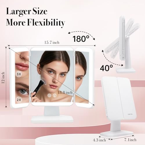 SIMETRA Vanity Mirror with Lighting & Touch Screen, 15.6-inch Rechargeable Trifold Standing Mirrors with 3 Color & Adjustable Brightness, Foldable 3000mAh Cordless Makeup Mirror or Trave,Bedroom,White