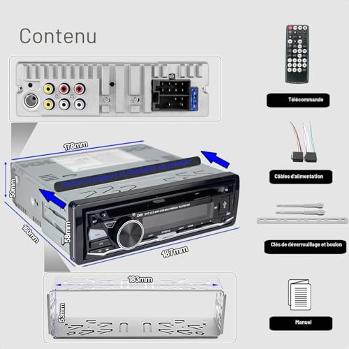 Alondy Car Radio Bluetooth USB CD/DVD Player, 1 DIN Radio RDS FM AM MP3 SD AUX Hands-Free