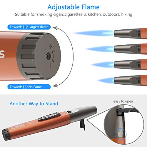Torch Lighter, Tecboss Lighter Adjustable Jet Flame Portable Refillable Butane Lighters for Camping Cooking BBQs Fireworks, Metal Casing, Gift Box (Gas Not Included) (Vibrant Orange)