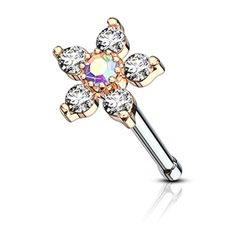 Forbidden Body Jewelry 20g Rose Gold IP Plated Surgical Steel Nose Stud w/Big Bling 6-CZ Crystal Flower, Aurora Borealis/Clear