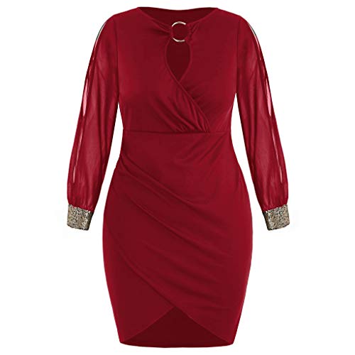 KESEELY Wrap Dress for Women - Fashion Long Sleeve Sequin Plus Size Keyhole Neck Ring Slit Bodycon Party Wedding Dress Wine - Thumbnail 3