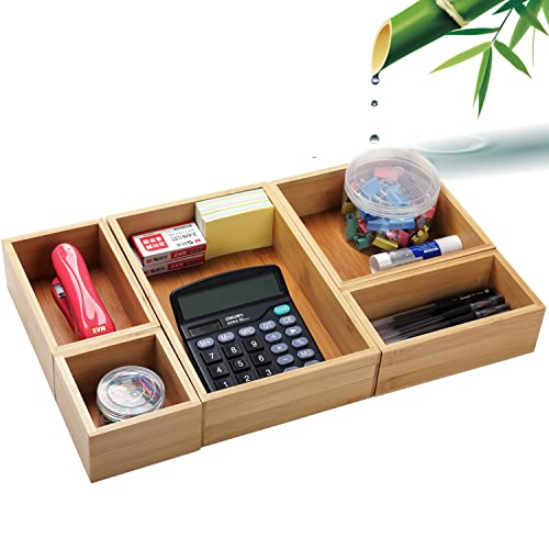 Pipishell 5Piece Bamboo Drawer Organizer Set, Multiuse Storage Box