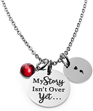 Jewelady Motivational Necklace Stamped Message Stainless Steel Disc Pendant with Semicolon Charm Mental Health Gift (My Story Isn't Over Yet)