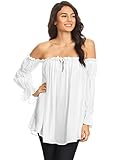 Anna-Kaci Womens Semi Sheer Boho Peasant Long Sleeve Off the Shoulder Top, White, X-Large