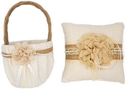 Stephanie Imports Rustic Ring Pillow with Matching Flower Basket Wrapped in Lace Fabric & Burlap with Pearls