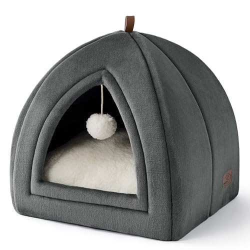 Bedsure Cat Cave Bed Indoor - Flannel Hooded Cat Igloo House, 38x38x38cm Enclosed Foldable Pet Bed with Removable Washable Cushion Pillow, Dark Grey