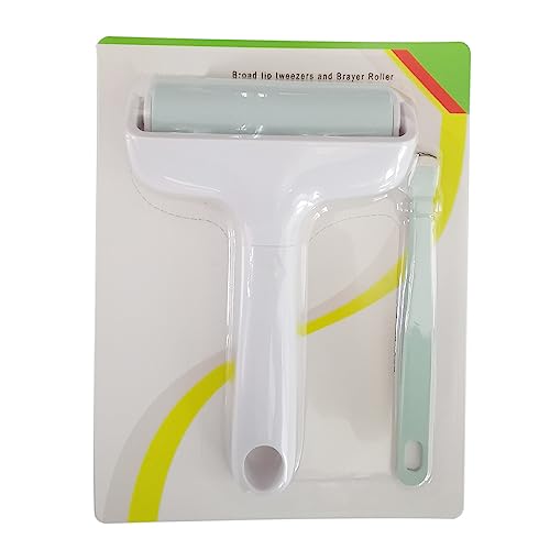 Brayer Roller & Mat Tweezers Remover Set 3.8-Inch Craft Brayer Stamping Tools for Cricut/Silhouette/Brother Printmaking Fabric Crafting and T-Shirts Heat Transfer Projects(White+Mint)