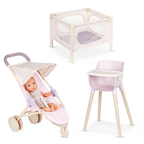LullaBaby – 14-Inch Realistic Baby Doll & Accessory Bundle – Fair Skin Tone & Blue Eyes – Nursery Care Set – High Chair, Playpen & Jogger Stroller – Pretend Play Toys – Kids 2+ Years