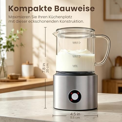 Electric Milk Frother 4 in 1, Milk Frother Induction 500 ml Cold Warm, Automatic, Dishwasher Safe, Removable Visual Glass for Coffee and Latte