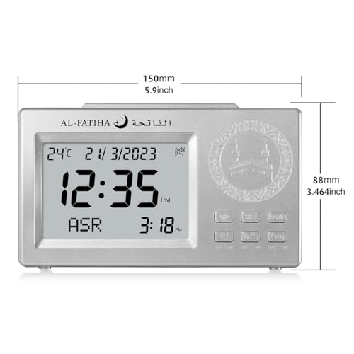 ACHAS Athan Table Clock, Azan Clock Prayer Alarm Table Clock,ساعة الأذان Prayer Digital Alarm Clock with Worldwide Times and Backligh (Silver)