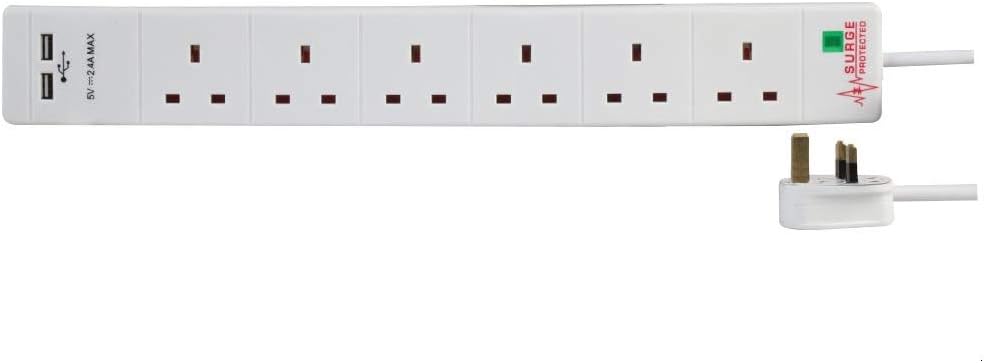 PRO ELEC PEL00113 6-Gang Surge Protected Extension Lead USB 2m White