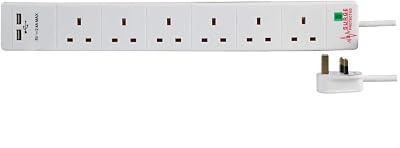 PRO ELEC PEL00112 6 Way 2 USB Surge Protected Extension Lead 1 m White