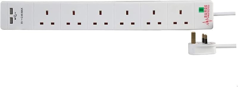 PRO ELEC PEL00113 6-Gang Surge Protected Extension Lead USB 2m White