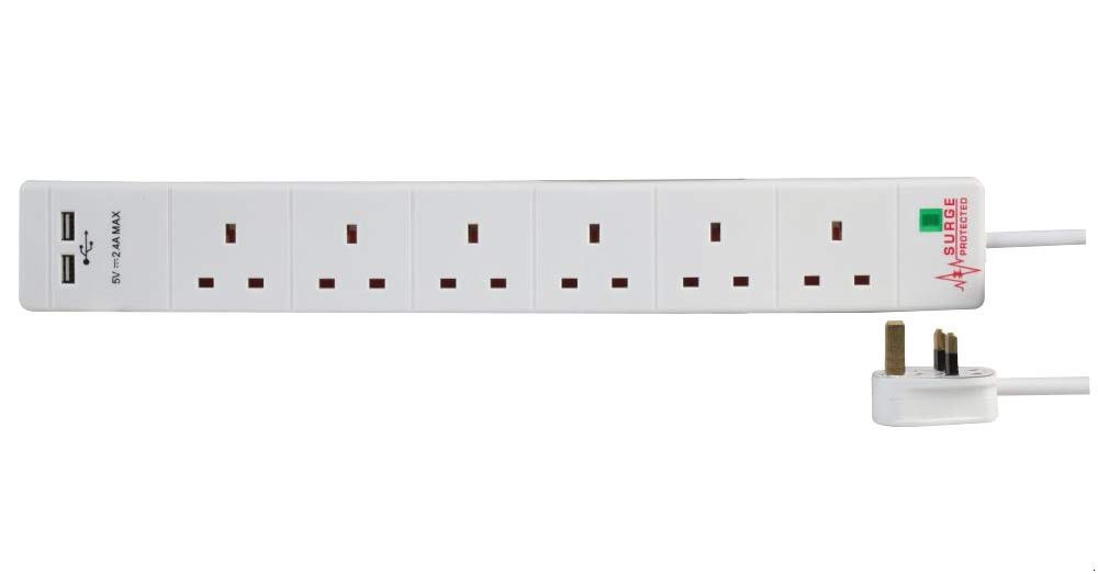 Pro Elec PEL00112 6 Way 2 USB Surge Protected Extension Lead, 1 m, White