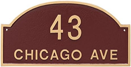 Montague Metal PCS-0140S2-W-BRS 8" x 15.75" Dover Arch Two Line Address Sign Plaque, Standard, Brick Red/Silver