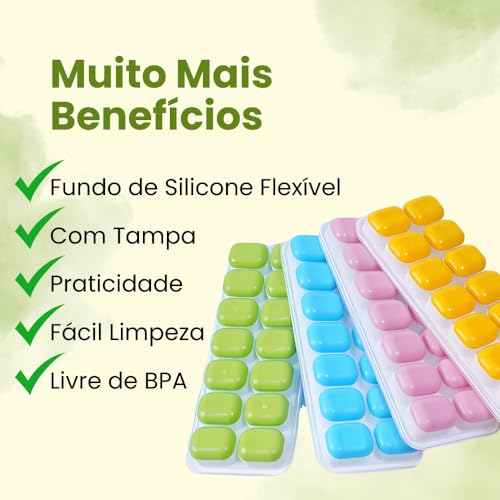 Kit 4 Formas de Gelo com Tampa Rígida Fundo Silicone Flexível 14 Cubos | Ideal para Bebidas, Ideal para Frutas, Ideal para Papinha, Ideal para Alimentos