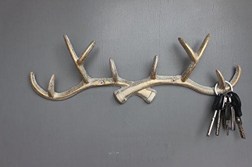 WHITE GOLD 14 inch Vintage Rustic Cast Iron Deer Antlers Coat Rack Key Holder Jewellery Display Rack Bathroom Towels Hanger Rustic Cabin Hanger(with screws) - Thumbnail 6