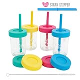 Elk and Friends Kids Cups/Toddler Cups with Straw - Glass Mason Jars 8 oz with Straw Lids & Leak proof lids + Silicone Straws + Cleaning Brush - Spill Proof cups for kids, Sippy Cups for Toddlers