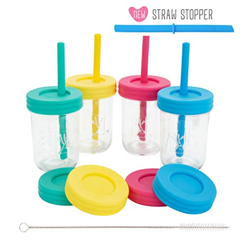 Elk and Friends Kids Cups/Toddler Cups with Straw - Glass Mason Jars 8 oz with Straw Lids & Leak proof lids + Silicone Straws + Cleaning Brush - Spill Proof cups for kids, Sippy Cups for Toddlers