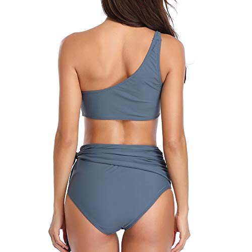 Advoult High Waist Bikini Sets for Women Two Piece Fashion Swimsuit One Shoulder Bathing Suits Swimwear Grey - Thumbnail 3