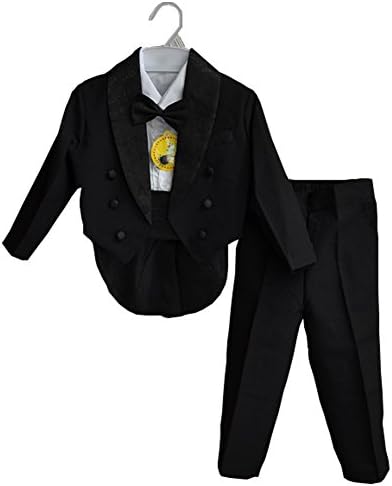 gsch Boys' 5 Pcs Set Formal Classic Tuxedo Suit with Tail Black Jacket Shirt Vest Pants and Bowtie