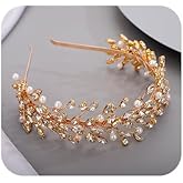 JWICOS Wedding Headband Crystal Tiara Bridal Headpieces for Bride Pearl Hair Vine Wedding Hair Accessories for Party Prom Bride Women （Gold）
